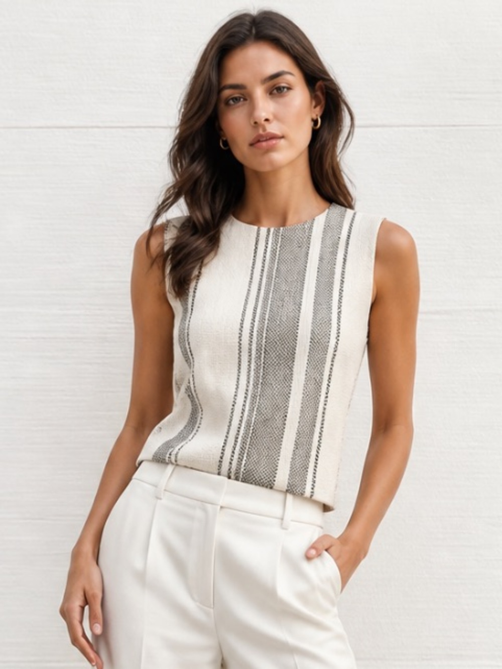 TORY BURCH Tank Striped Southwest White Gray Beige Top Blouse Textured